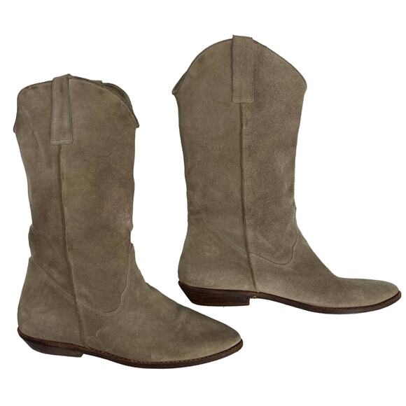Shoes - VTG 9 West women 7M mid calf beige suede leather pointed toe cowboy boots